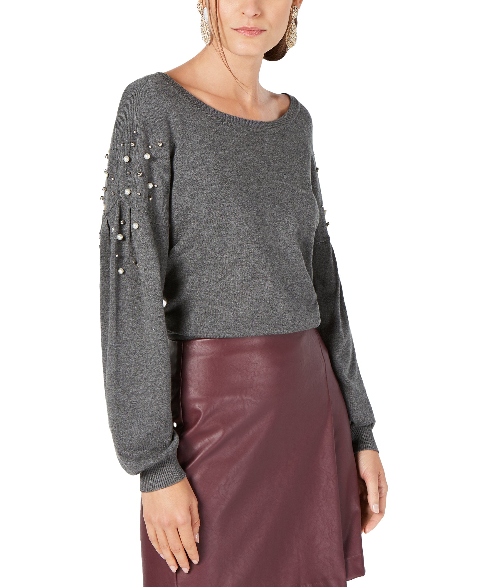 INC International Concepts Women Embellished Balloon Sleeve Sweater Medium Heather Grey