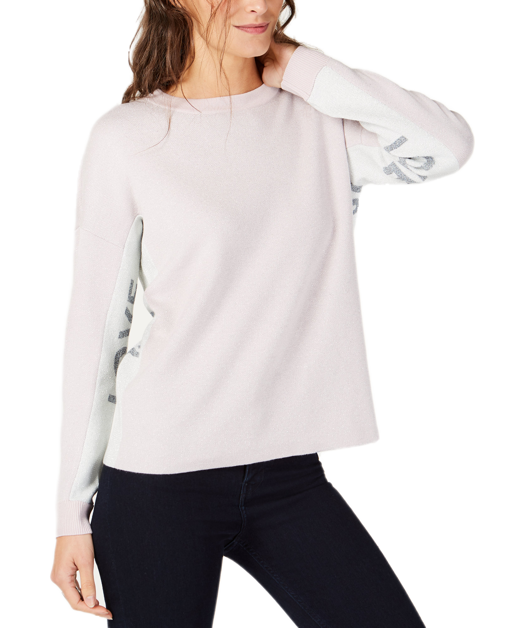 INC International Concepts Women Love Is All Varsity Stripe Sweater Lavender