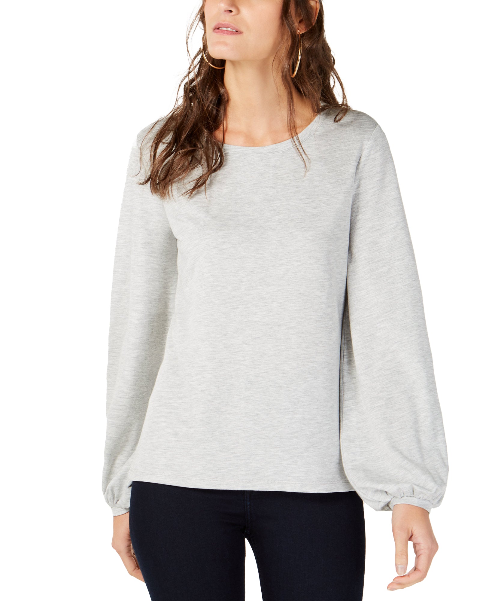 INC International Concepts Women Balloon Sleeve Sweatshirt Heather Belle Grey