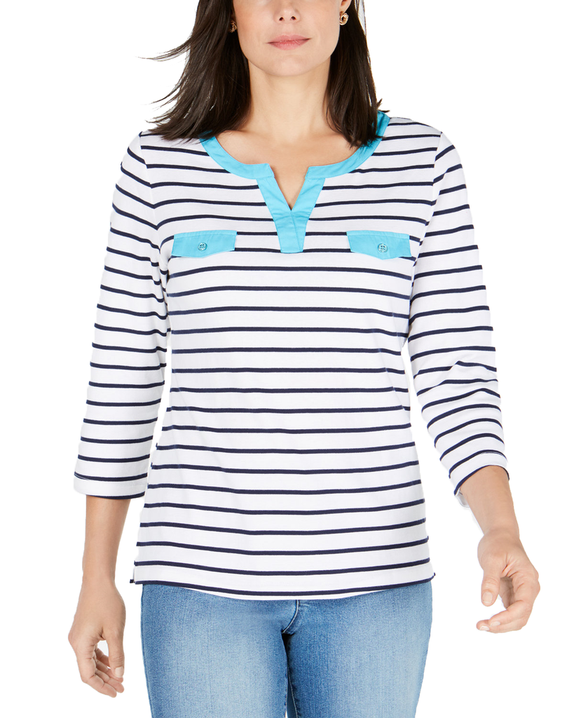 Karen Scott Women Cotton Contrasting Trim Striped Top Pacific Aqua