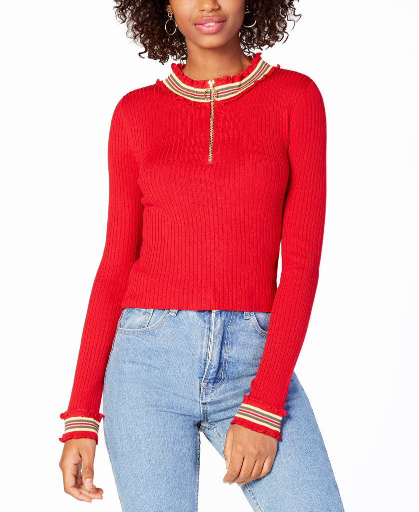 Planet Gold Ribbed Zip Up Sweater Tango Red Combo