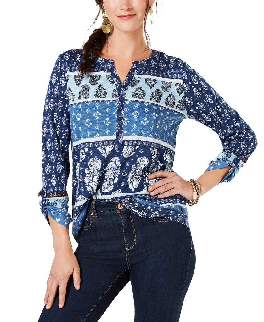 Style & Co Printed Split Neck Top Timeless Navy