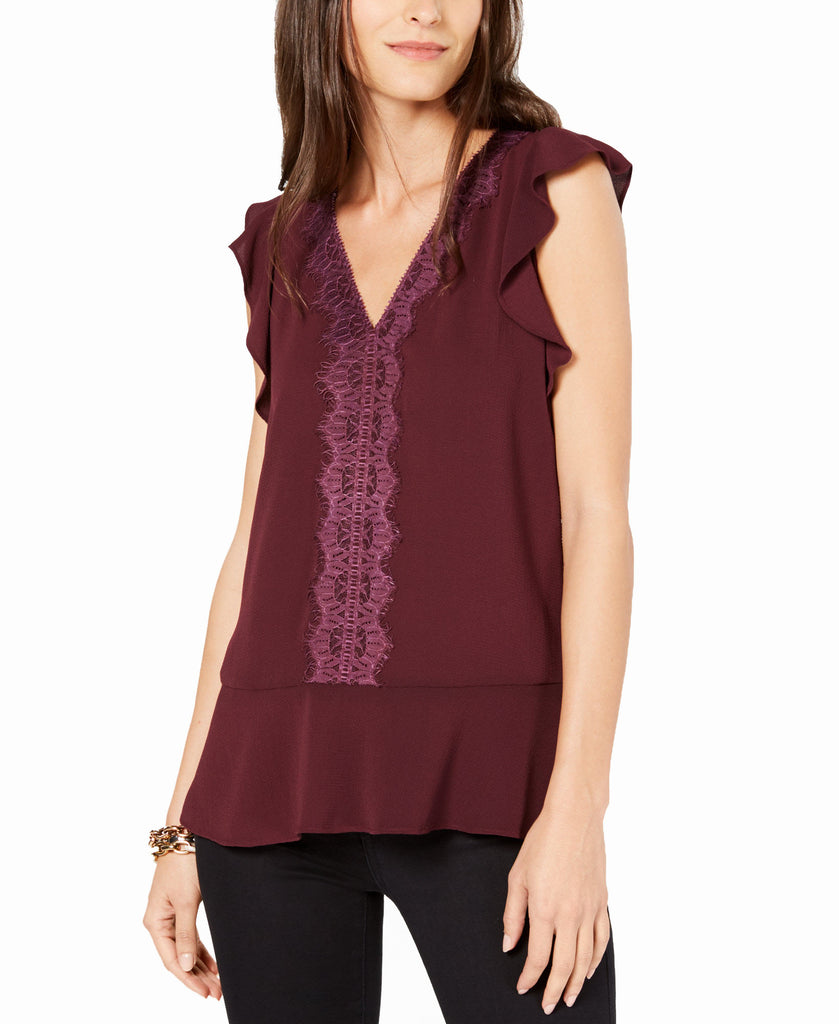 MICHAEL Michael Kors Women V Neck Lace Trim Top Cordovan