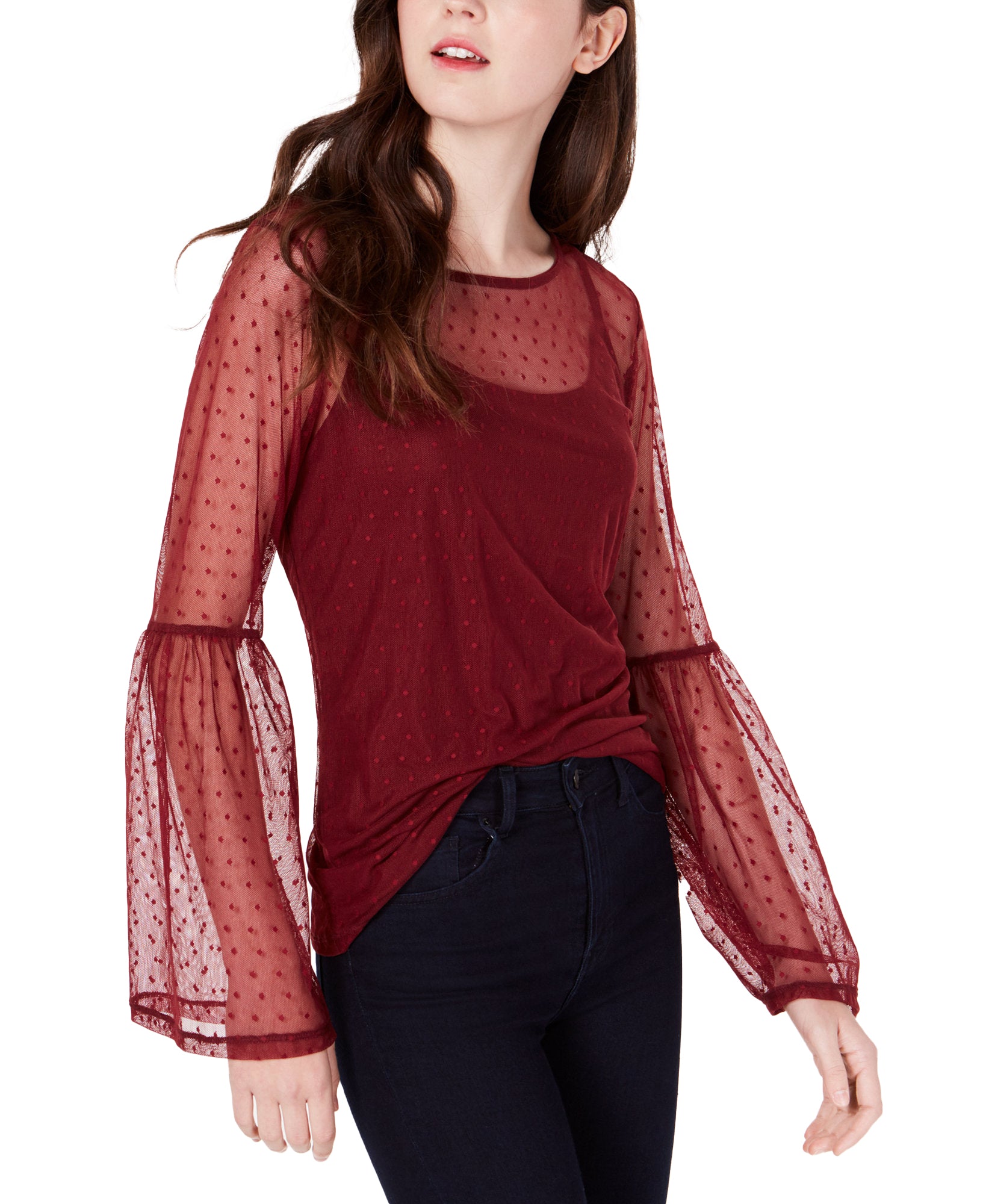 Ultra Flirt Mesh Bell Sleeve Top Zinfandel