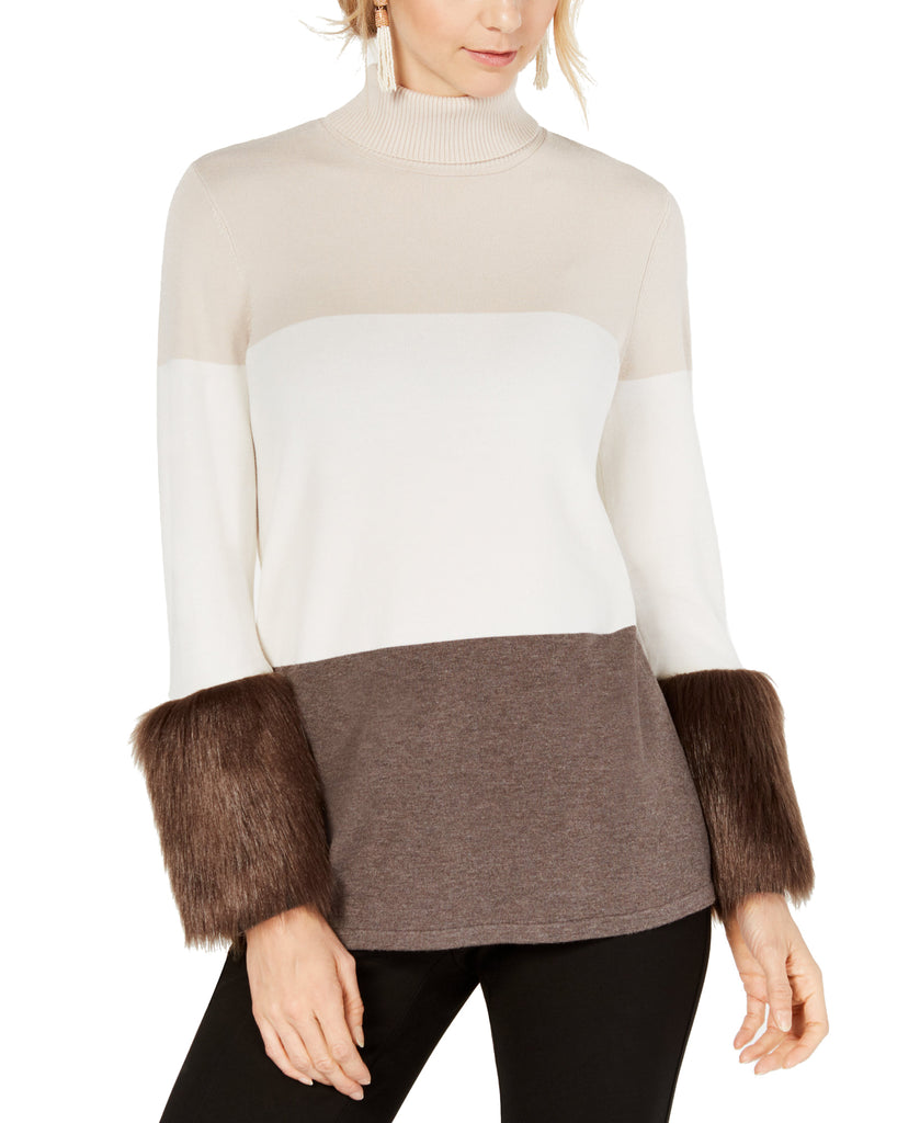Alfani Women Colorblock Faux Fur Cuff Sweater Zinc Cloud