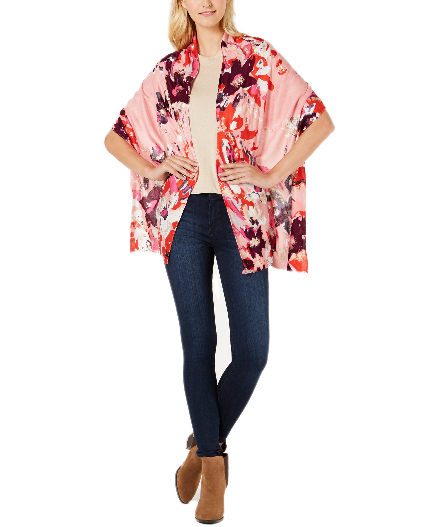INC International Concepts Women Abstract Floral Super Soft Wrap Coral