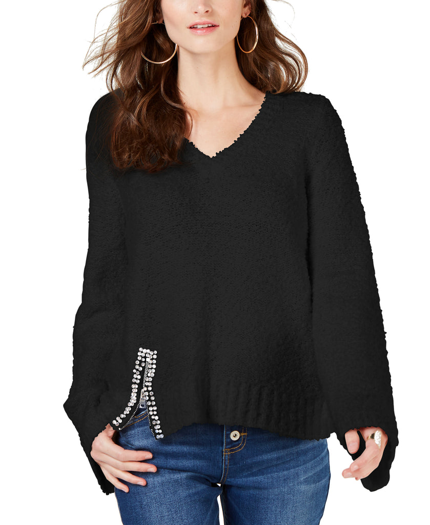 INC International Concepts Women Embellished Popcorn Sweater Deep Black