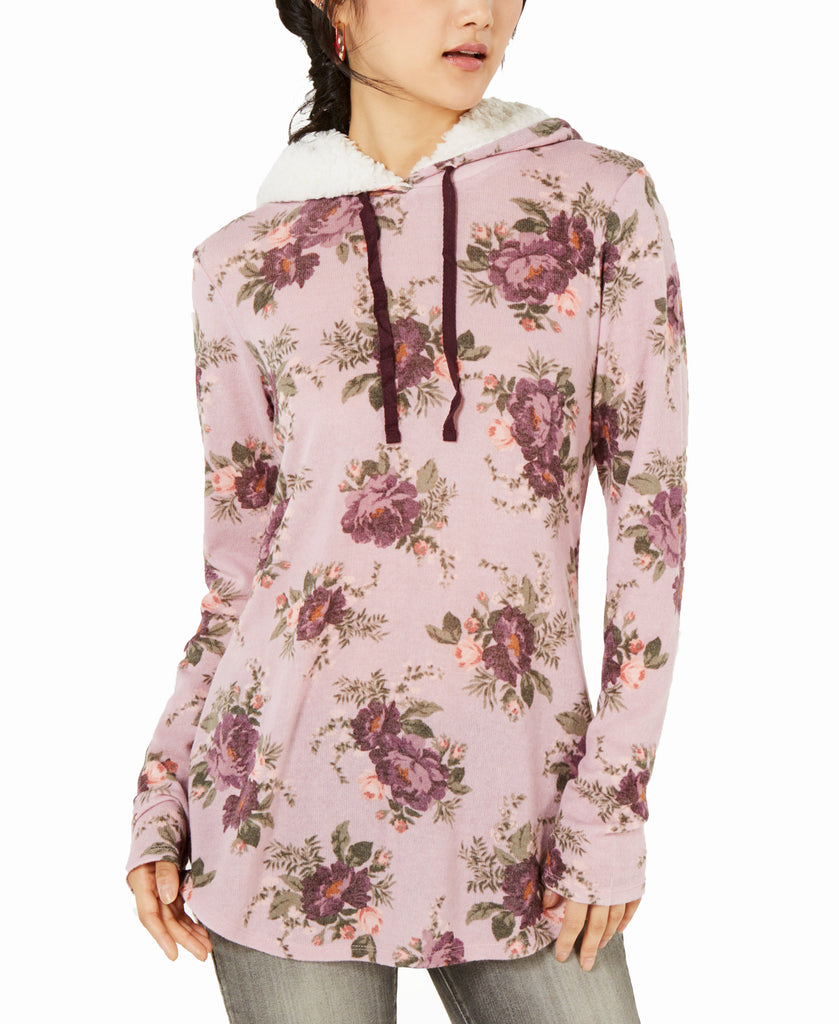 Ultra Flirt Printed Faux Sherpa Trimmed Hoodie Pink Floral