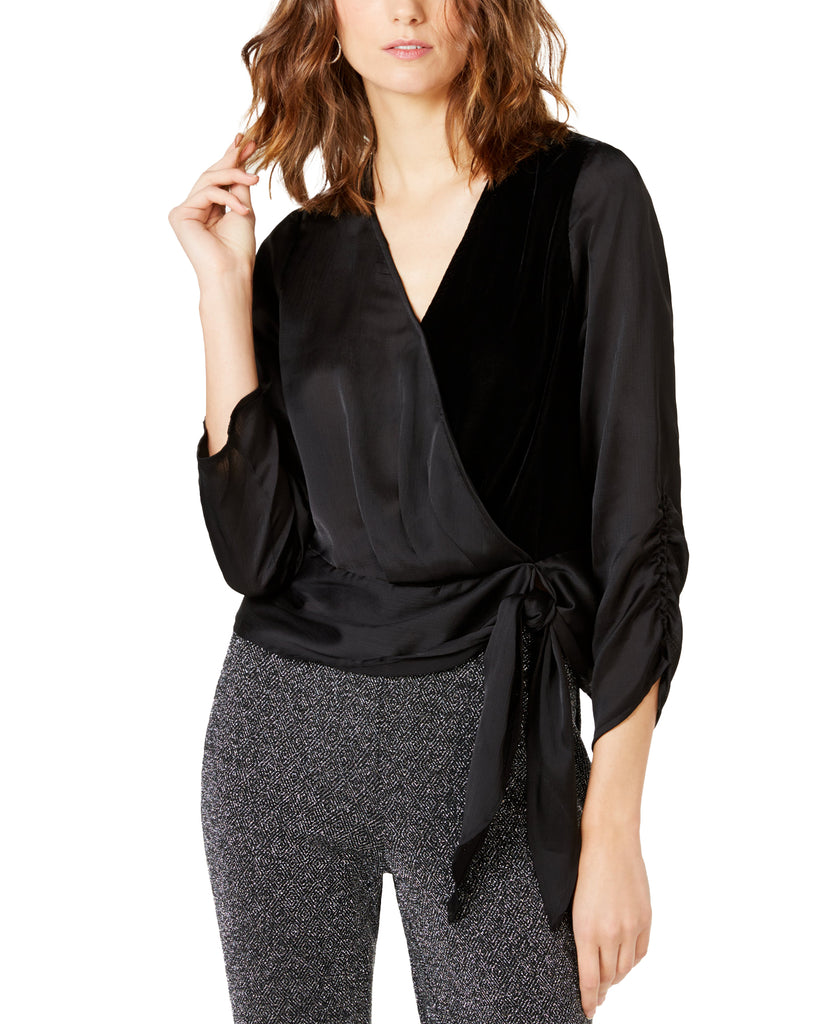 INC International Concepts Women Velvet Wrap Top Deep Black