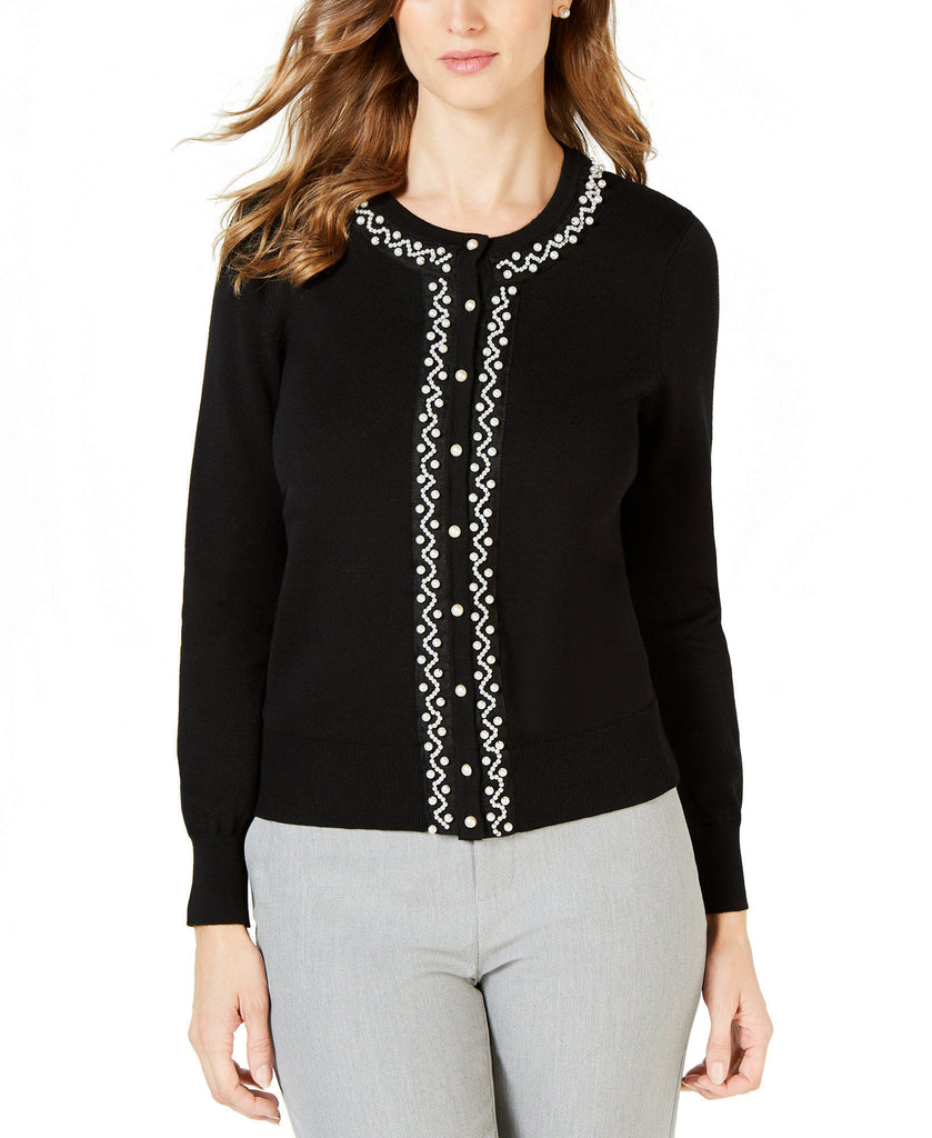 Charter Club Women Imitation Pearl Trim Cardigan Deep Black