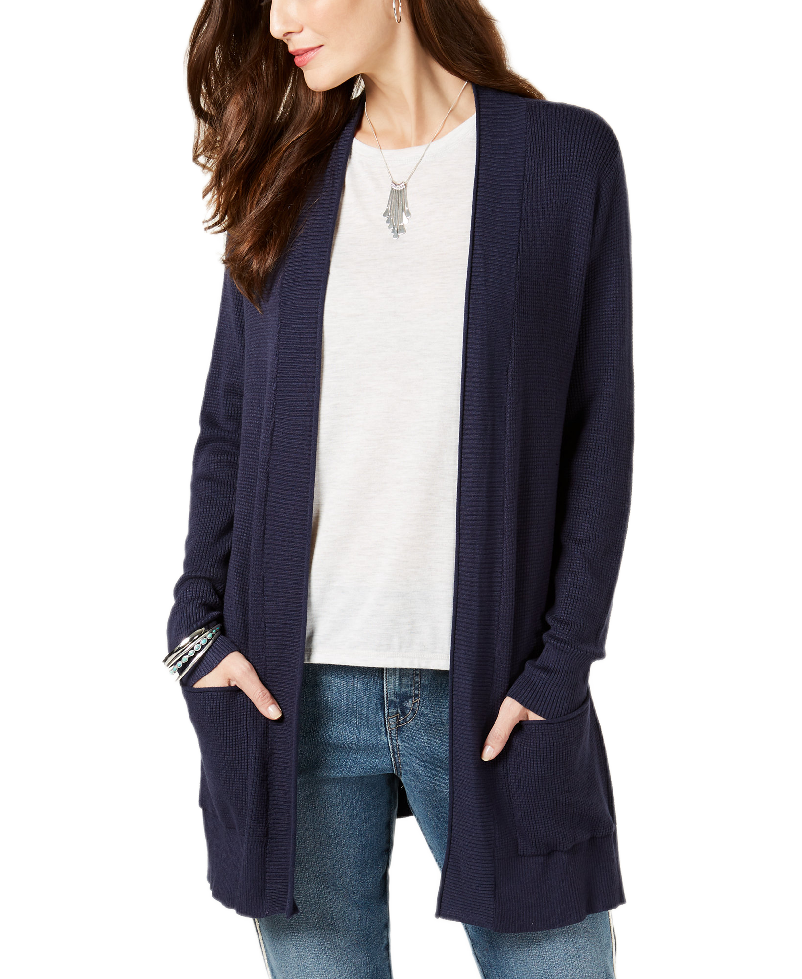 Style & Co Women Long Thermal Stitch Cardigan Sweater Industrial Blue