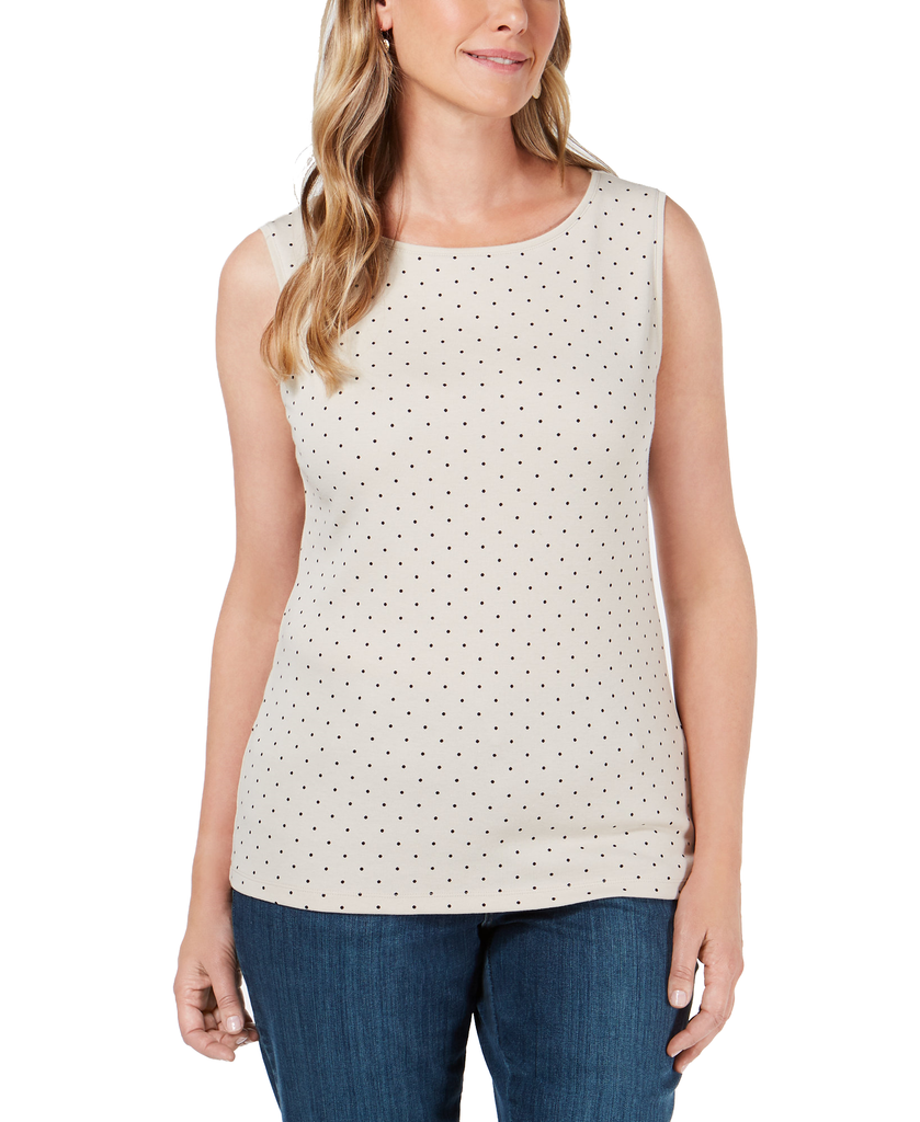 Karen Scott Petite Cotton Dot Print Boat Neck Top Pebble