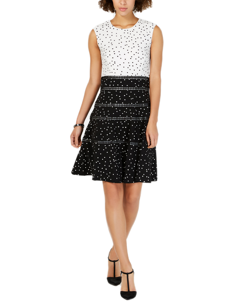 Taylor Women Polka Dot Fit & Flare Dress Black White