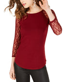Crave Fame Women Lace Sleeved Baseball T Shirt Dark Wine