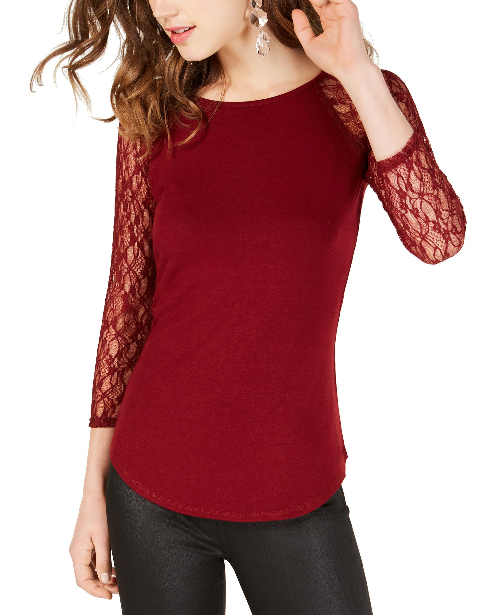 Crave Fame Women Lace Sleeved Baseball T Shirt Dark Wine