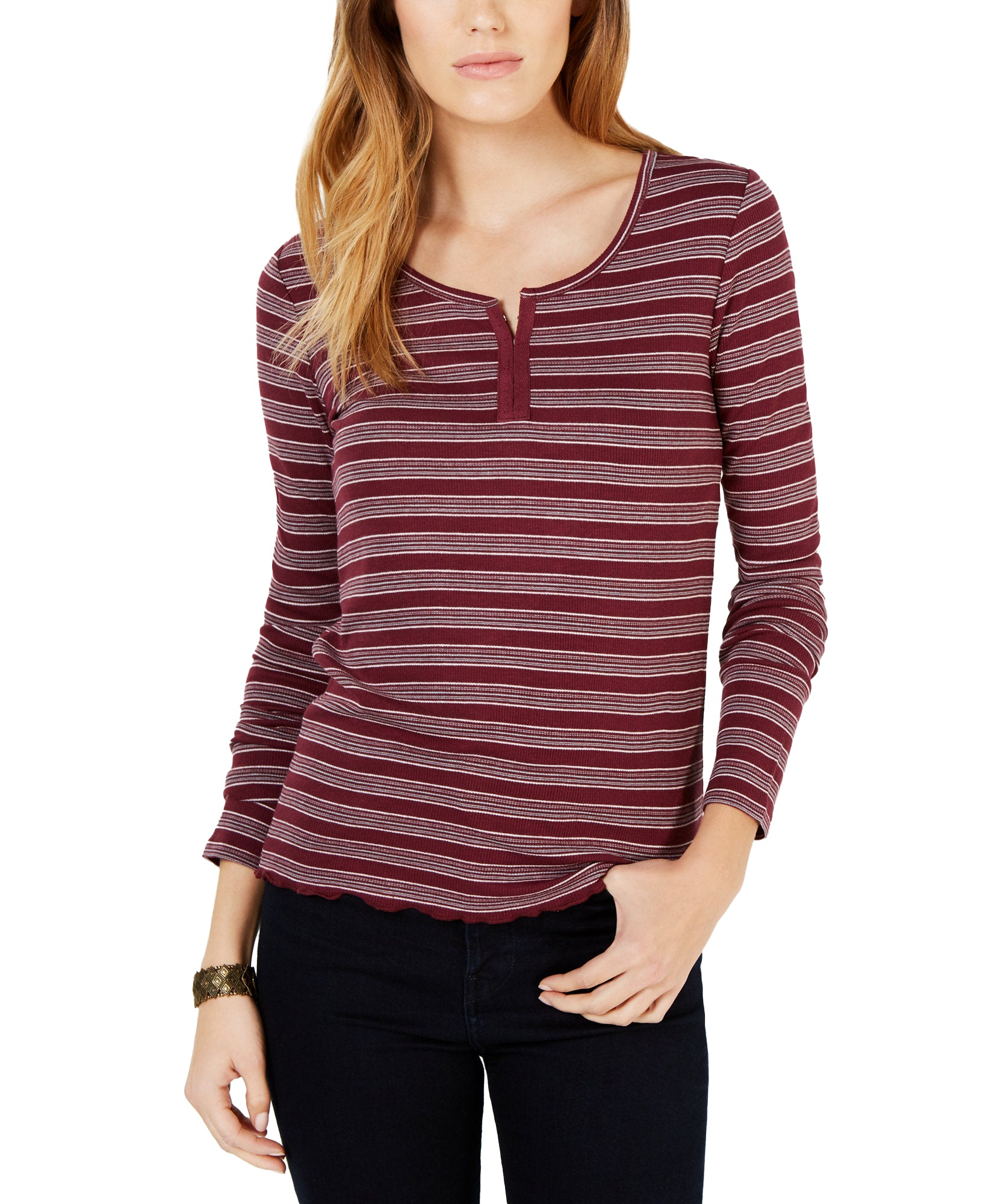Hippie Rose Women Rib Knit Henley T Shirt Dark Cherry