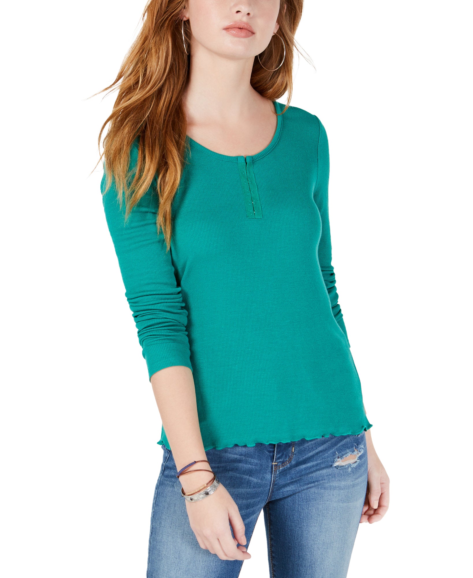 Hippie Rose Women Rib Knit Henley T Shirt Green Beach
