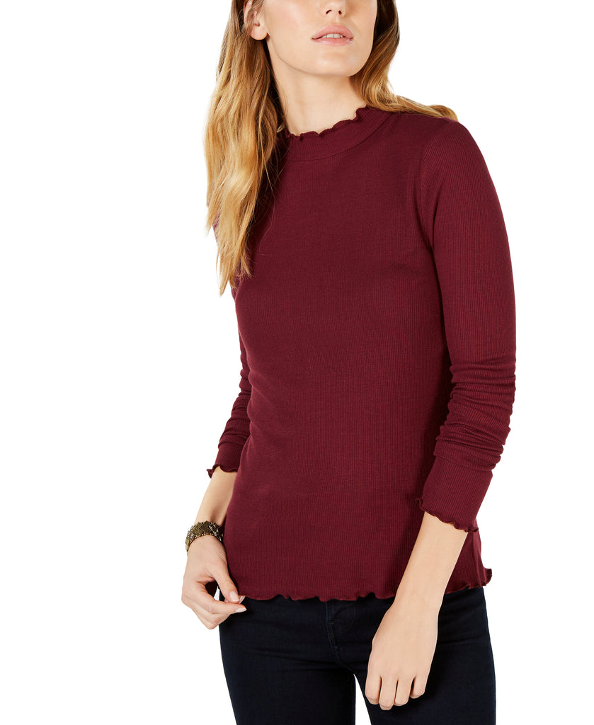 Hippie Rose Rib Knit Lettuce Edged Top Dark Cherry