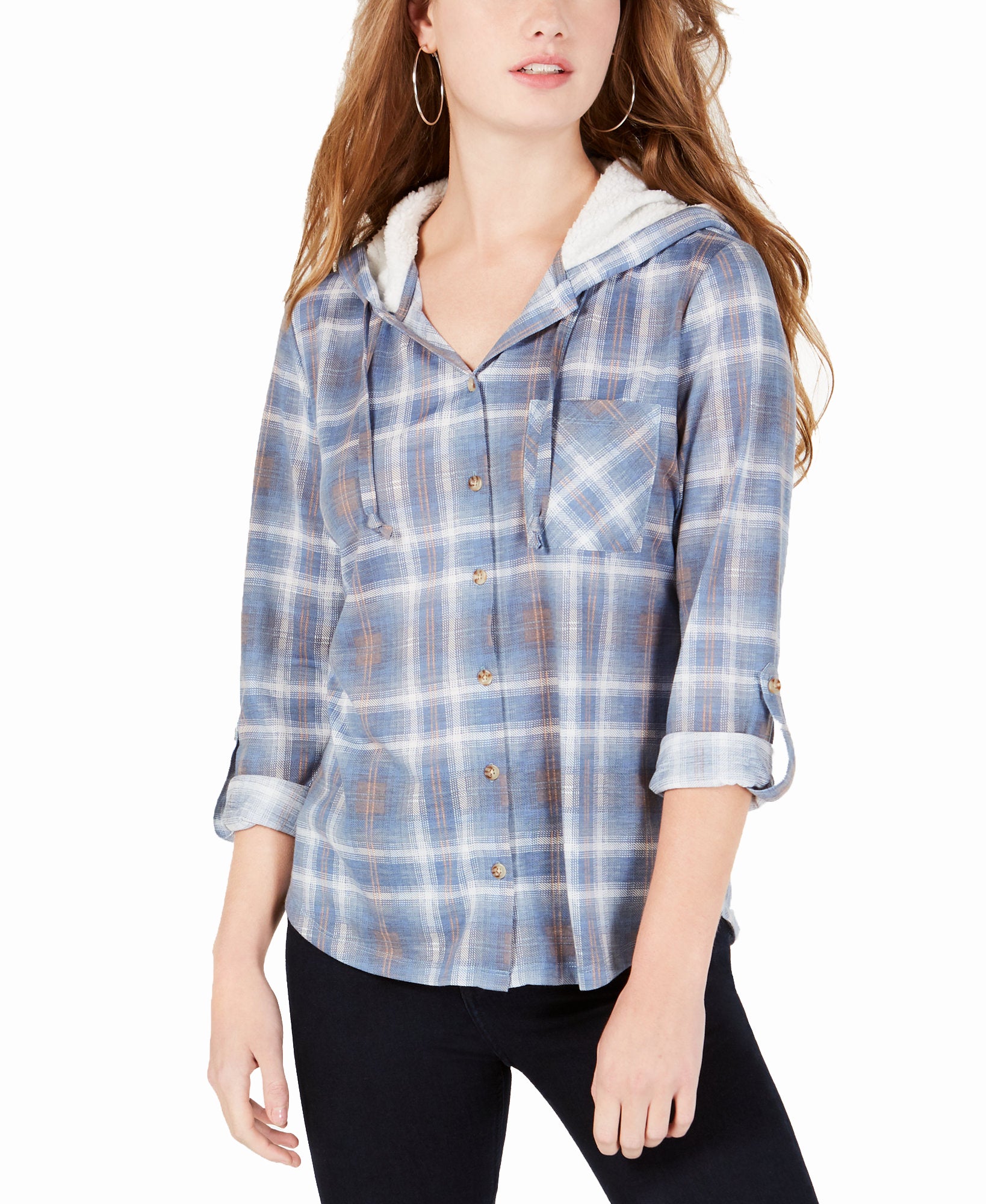 Polly &amp; Esther Plaid Faux Fur Trimmed Hoodie Blue Ivory