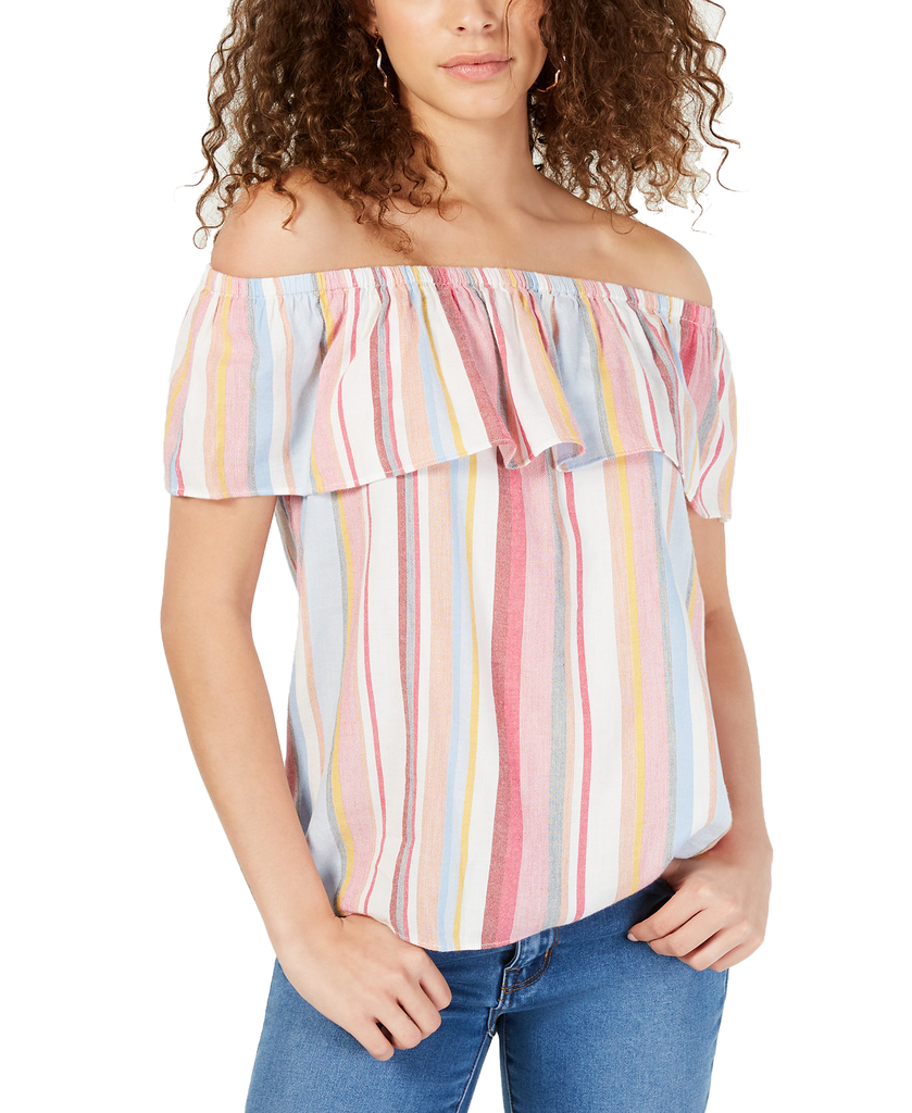 INC International Concepts Women Ruffled Rainbow Off The Shoulder Top Rainbow