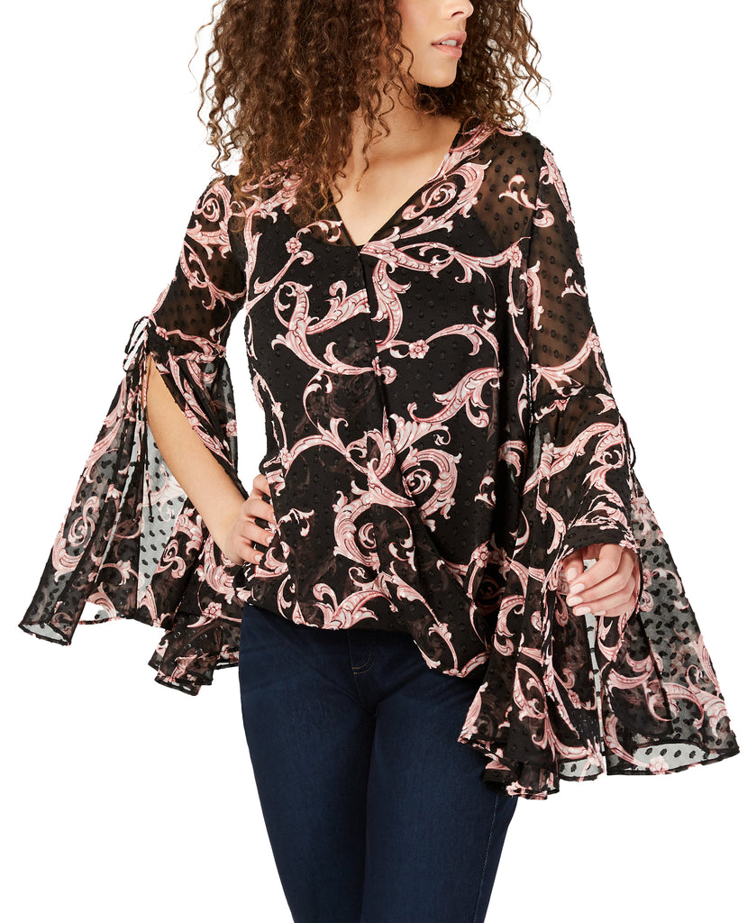 INC International Concepts Women Printed Bell Sleeve Blouse Status Black