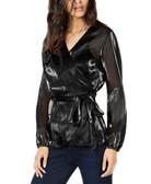 INC International Concepts Women Long Sleeve Wrap Blouse Deep Black