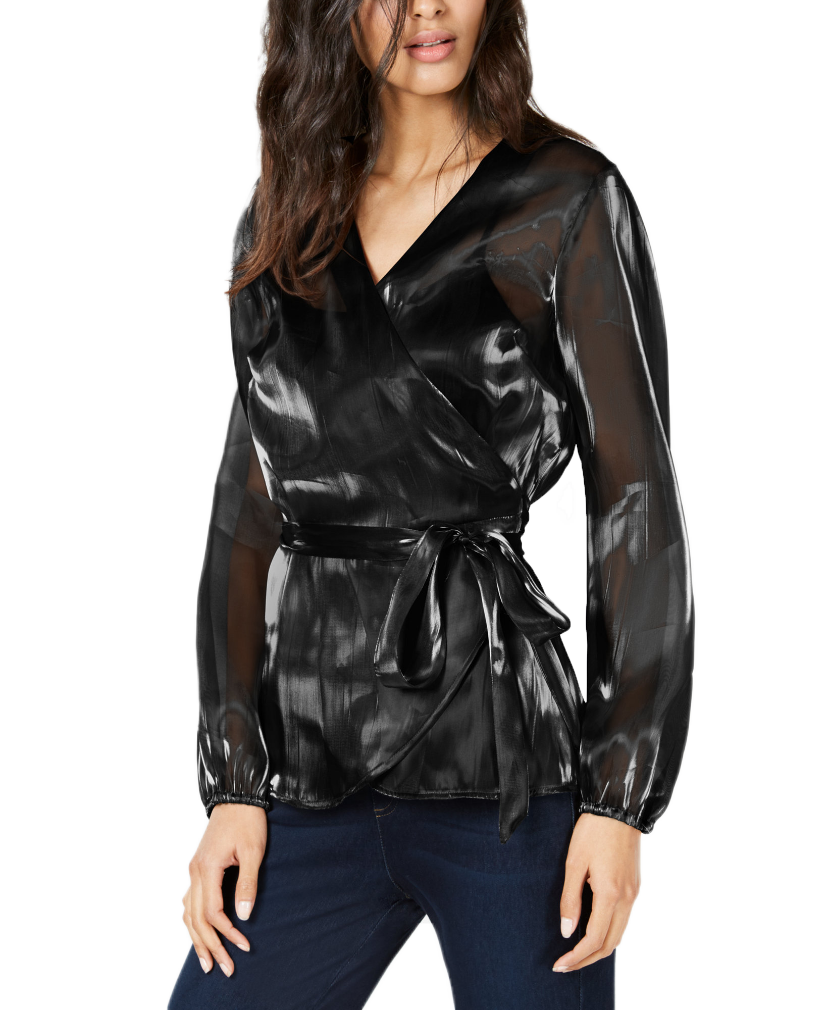 INC International Concepts Women Long Sleeve Wrap Blouse Deep Black