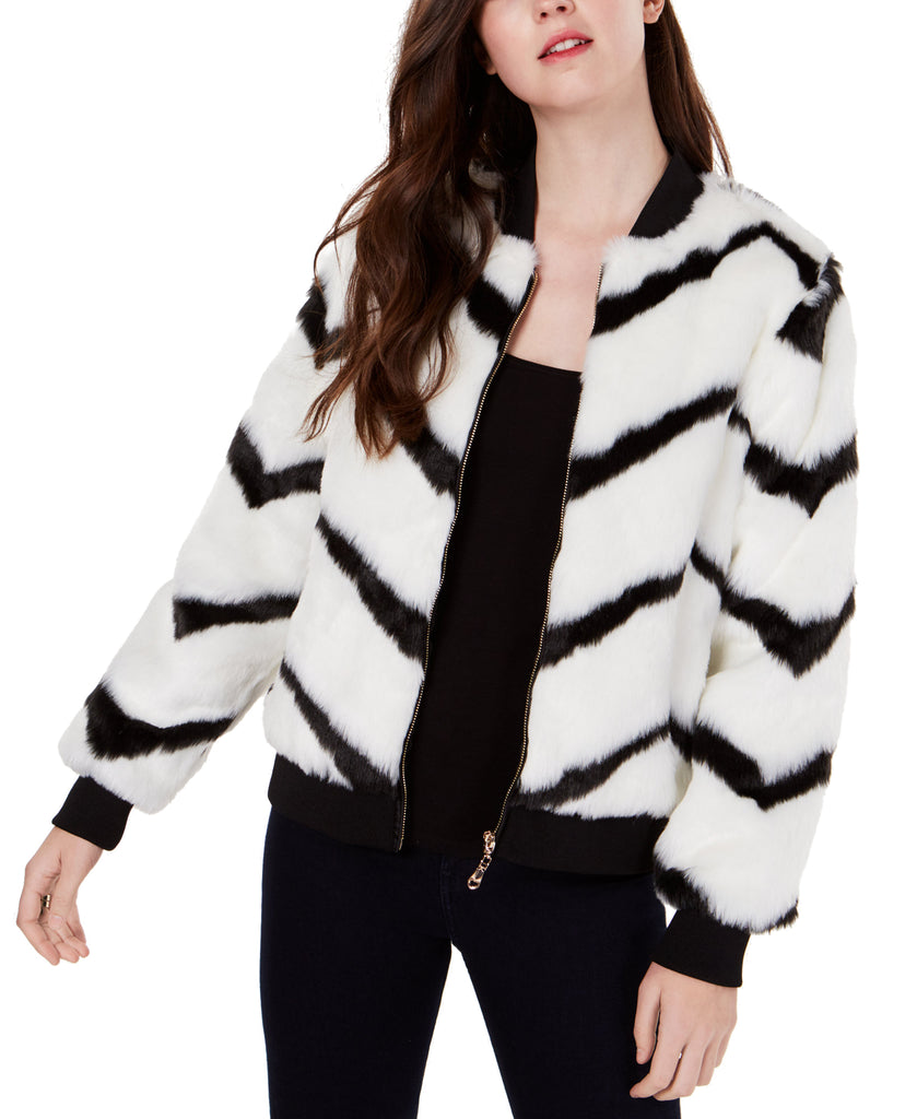 Say What Juniors Chevron Printed Faux Fur Bomber Jacket Black White