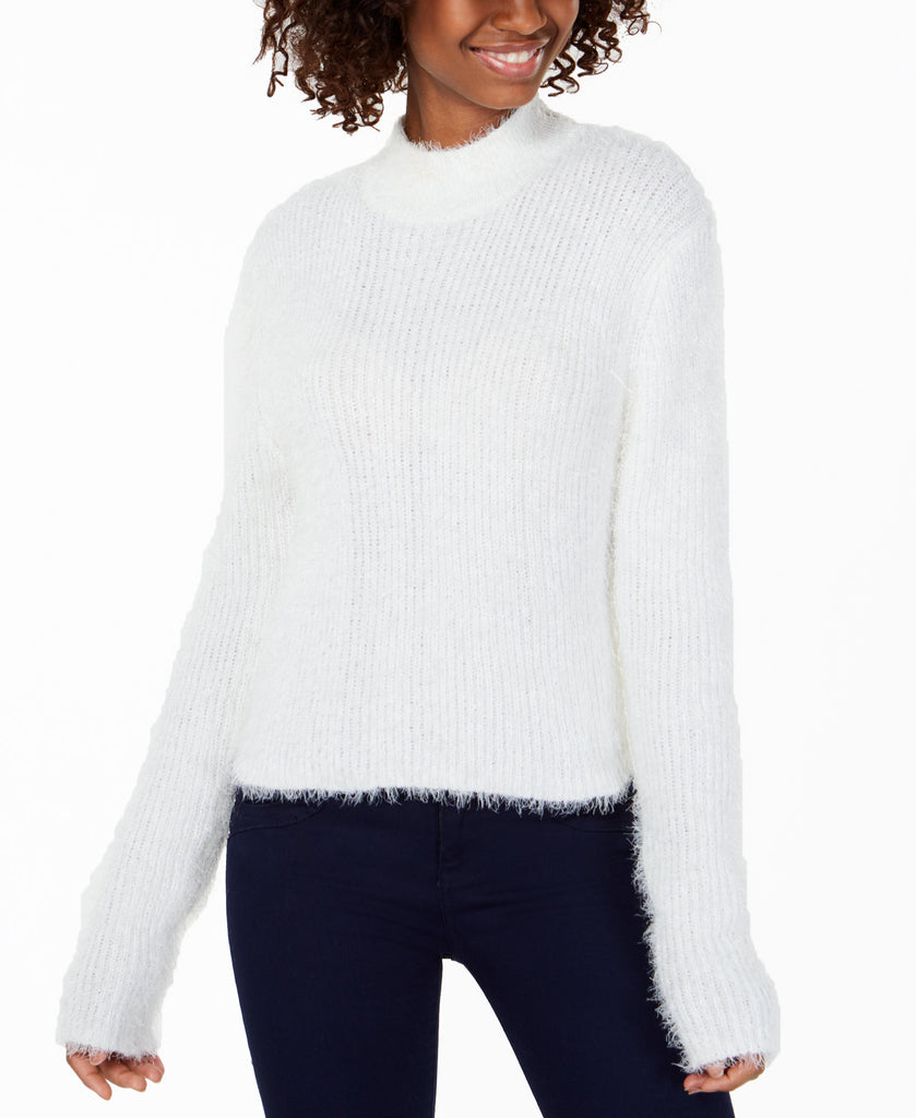 Planet Gold Fuzzy Mock Neck Cropped Sweater Marshmallow