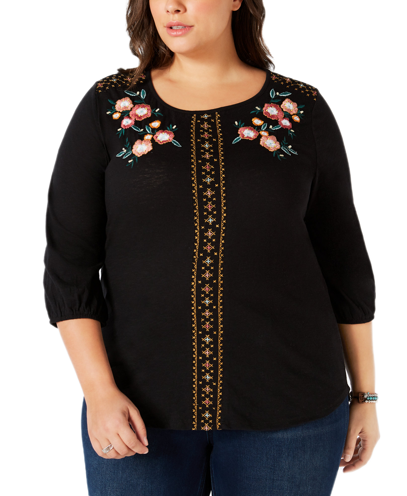 Style & Co Women Plus Embroidered Top Deep Black