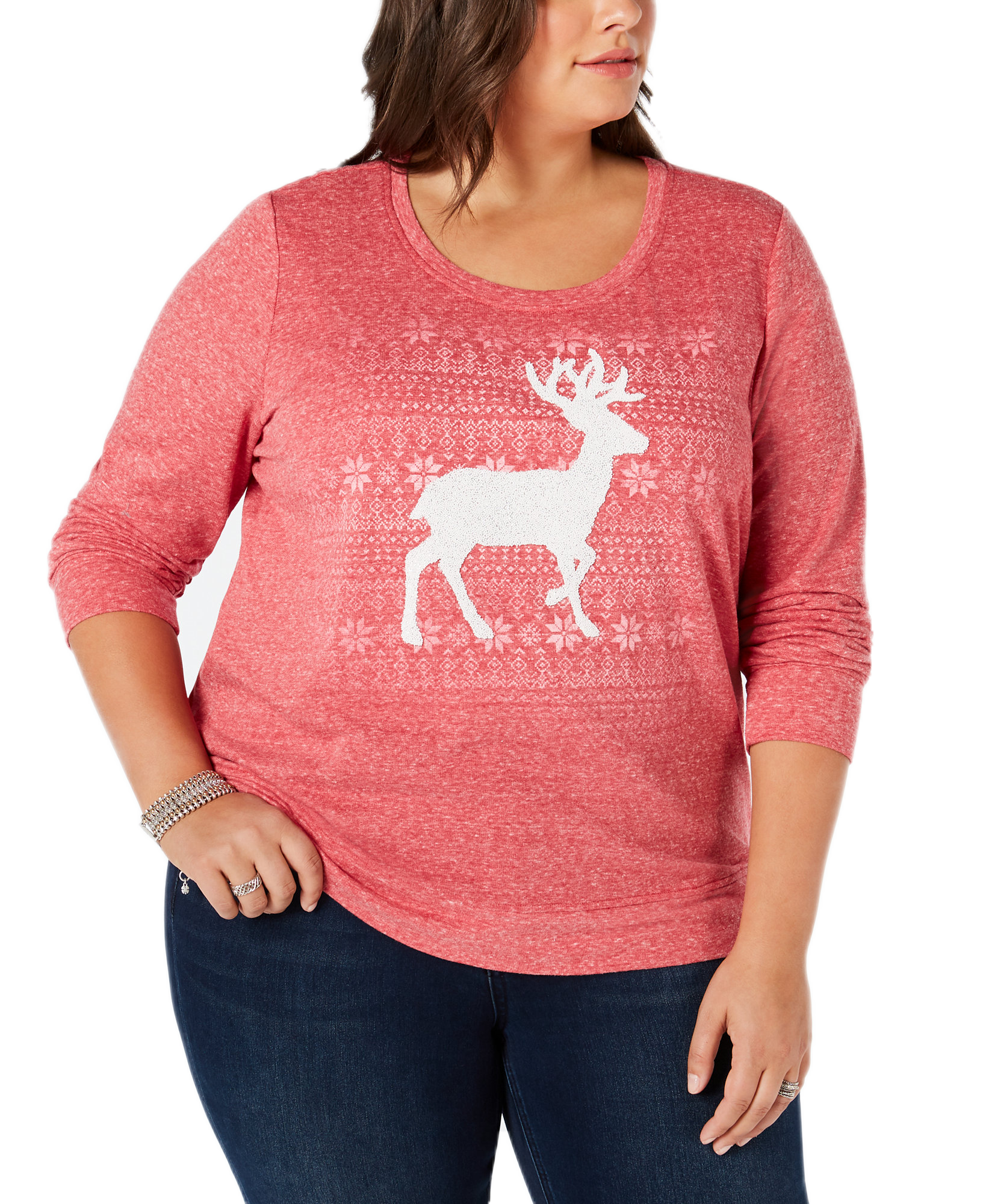 Style & Co Women Plus Reindeer Sweatshirt Canyon Red