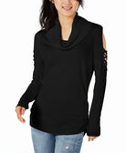 Hooked Up by IOT Cowlneck Cold Shoulder Sweater Black