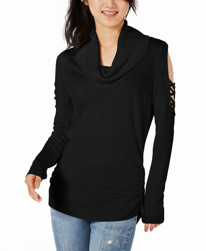 Hooked Up by IOT Cowlneck Cold Shoulder Sweater Black