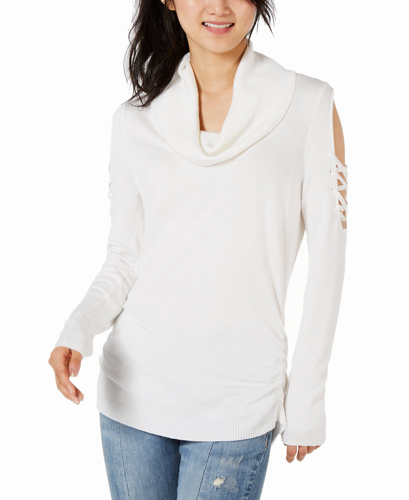 Hooked Up by IOT Cowlneck Cold Shoulder Sweater Vanilla