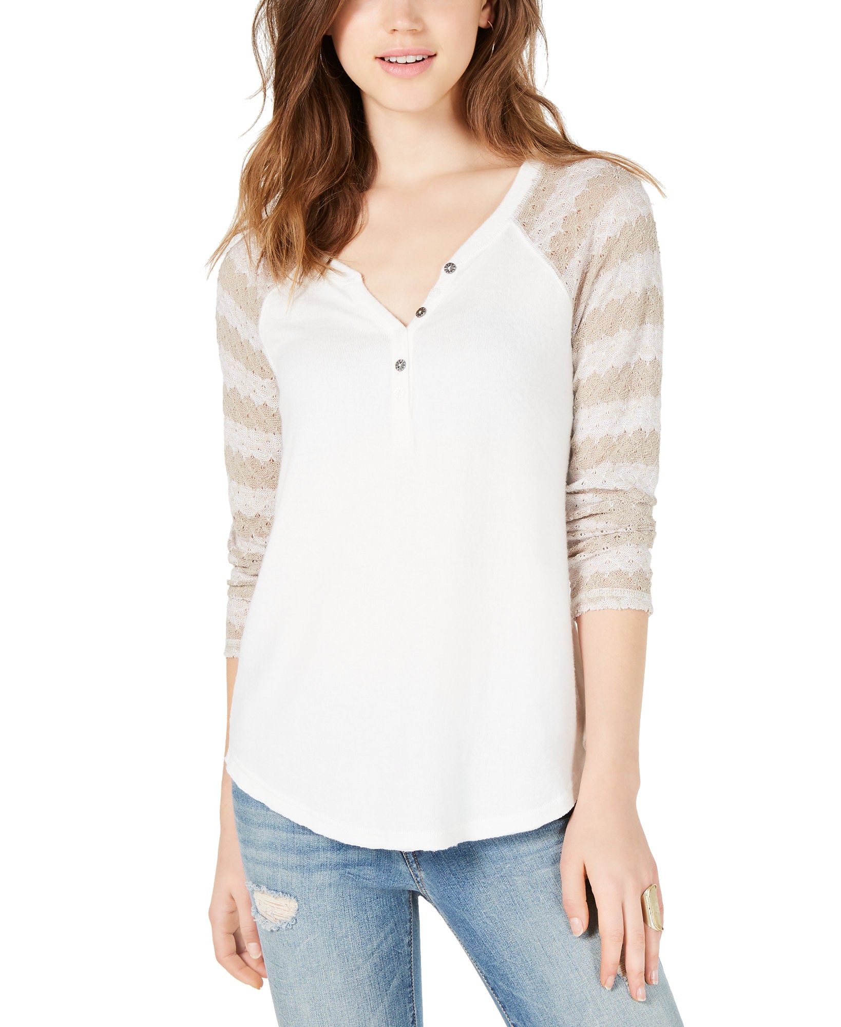 American Rag Crochet Sleeve Henley Top Egret