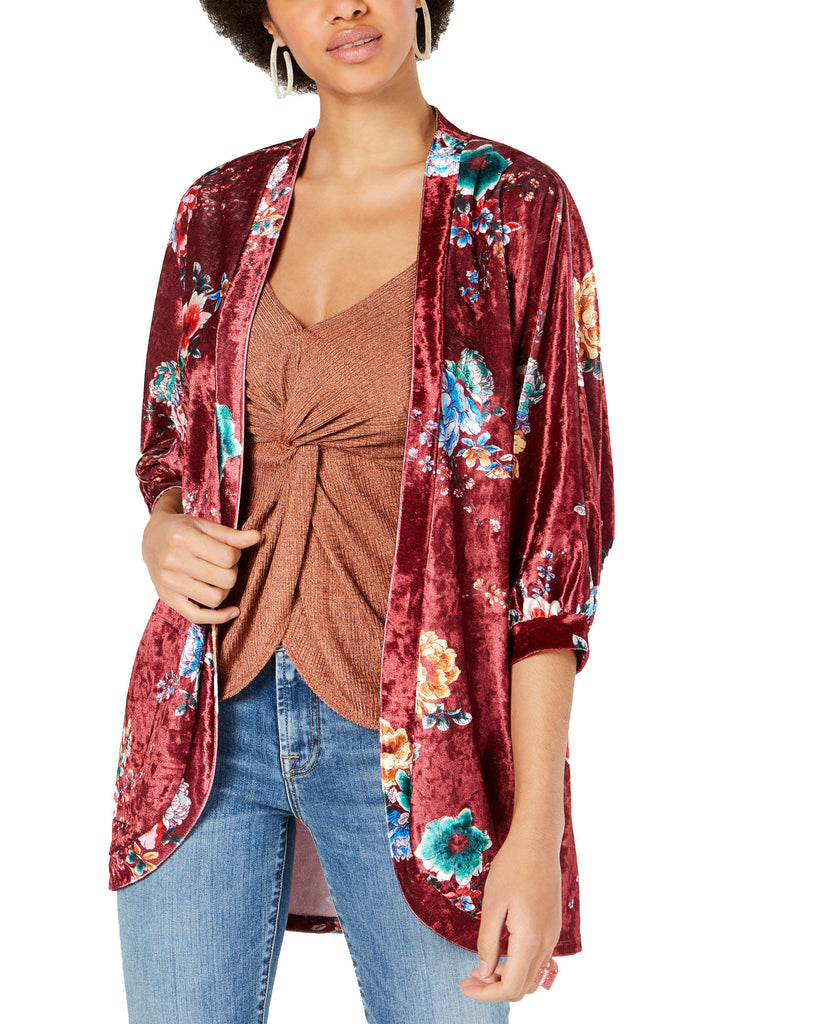 PROJECT 28 Women Printed Crushed Velvet Kimono Wine Floral