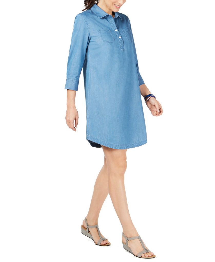 Karen Scott Women Petite Cotton Chambray Dress Light Wash