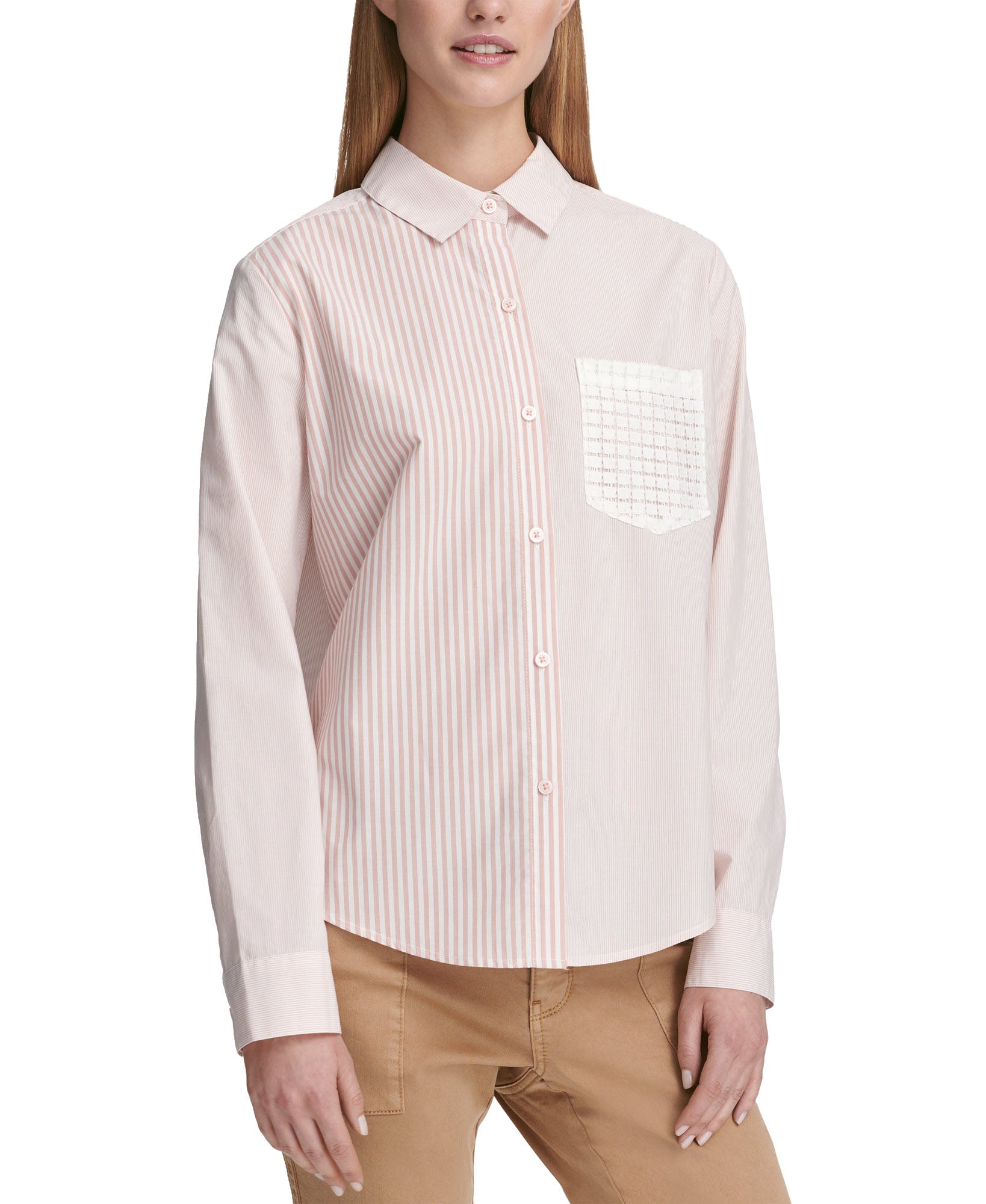 DKNY Women Long Sleeve Striped Button Up Shirt Blush Combo