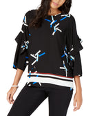 Alfani Women Printed Ruffled Sleeve Zip Back Top Black Pick Up Stix