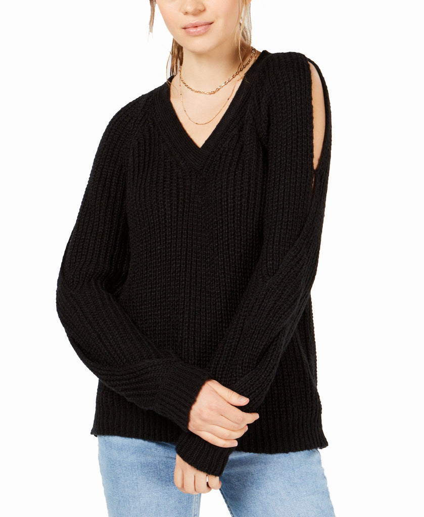 Crave Fame Juniors V Neck Twisted Long Sleeve Sweater Black