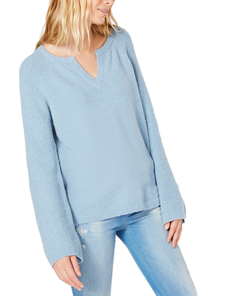 INC International Concepts Women Textured Bell Sleeve Sweater Blue Seashell