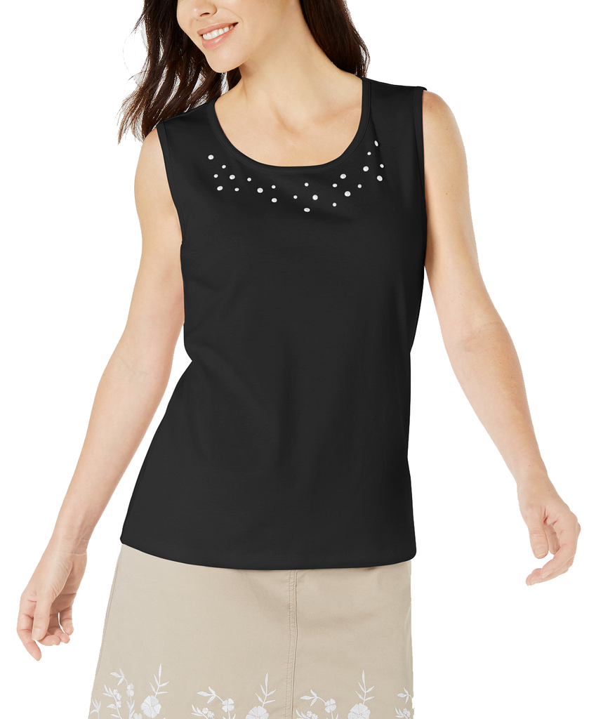 Karen Scott Pearl Embellished Sleeveless Cotton Top Deep Black