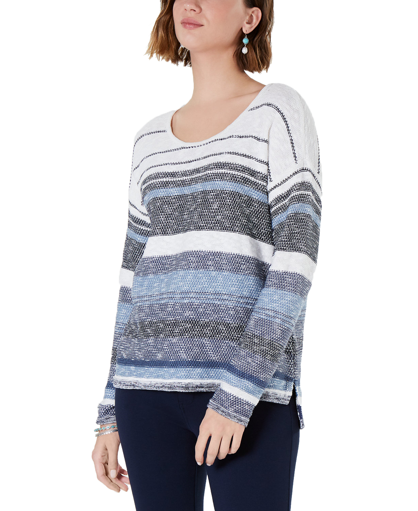 Style & Co Women Striped Drop Shoulder Sweater Blue Combo