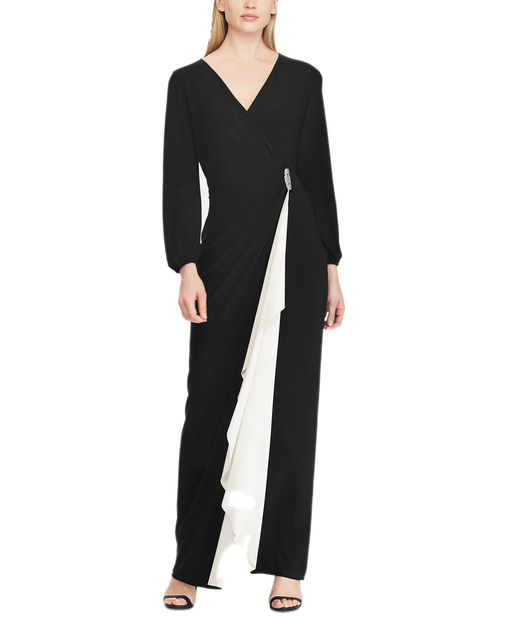 Lauren Ralph Lauren Women Color Blocked Jersey Gown Black Lauren White
