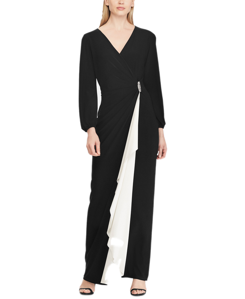 Lauren Ralph Lauren Women Color Blocked Jersey Gown Black Lauren White