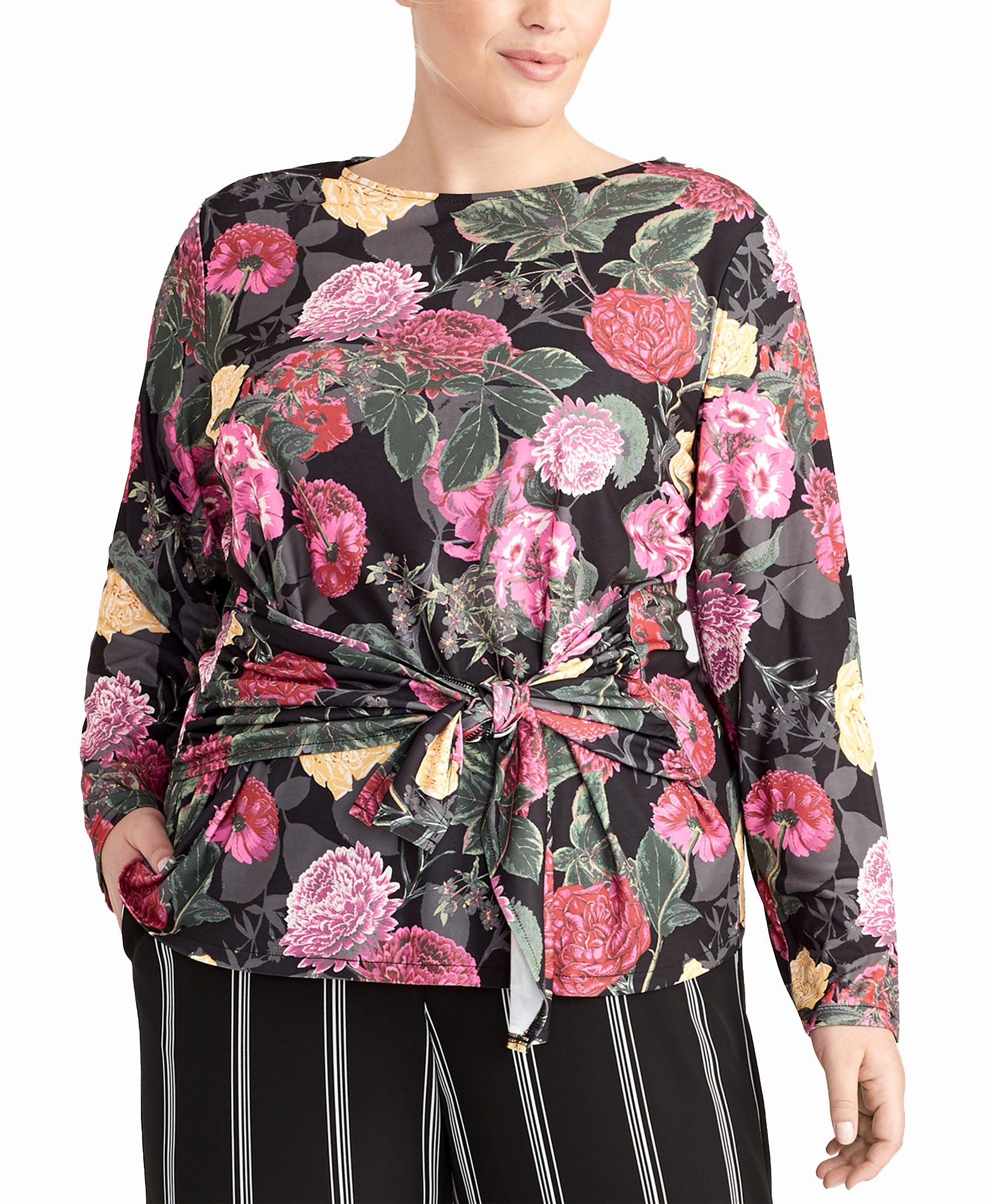 RACHEL Rachel Roy Women Plus Trendy Ginger Front Tie Top Black Combo