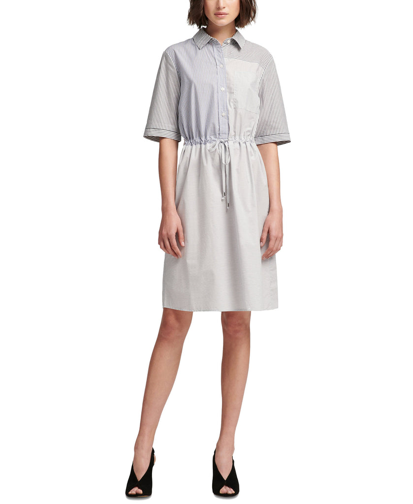 DKNY Women Cotton Short Sleeve Striped & Colorblocked Dress Grey