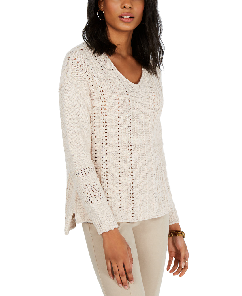 Style & Co Women V Neck Pointelle Sweater River Rock