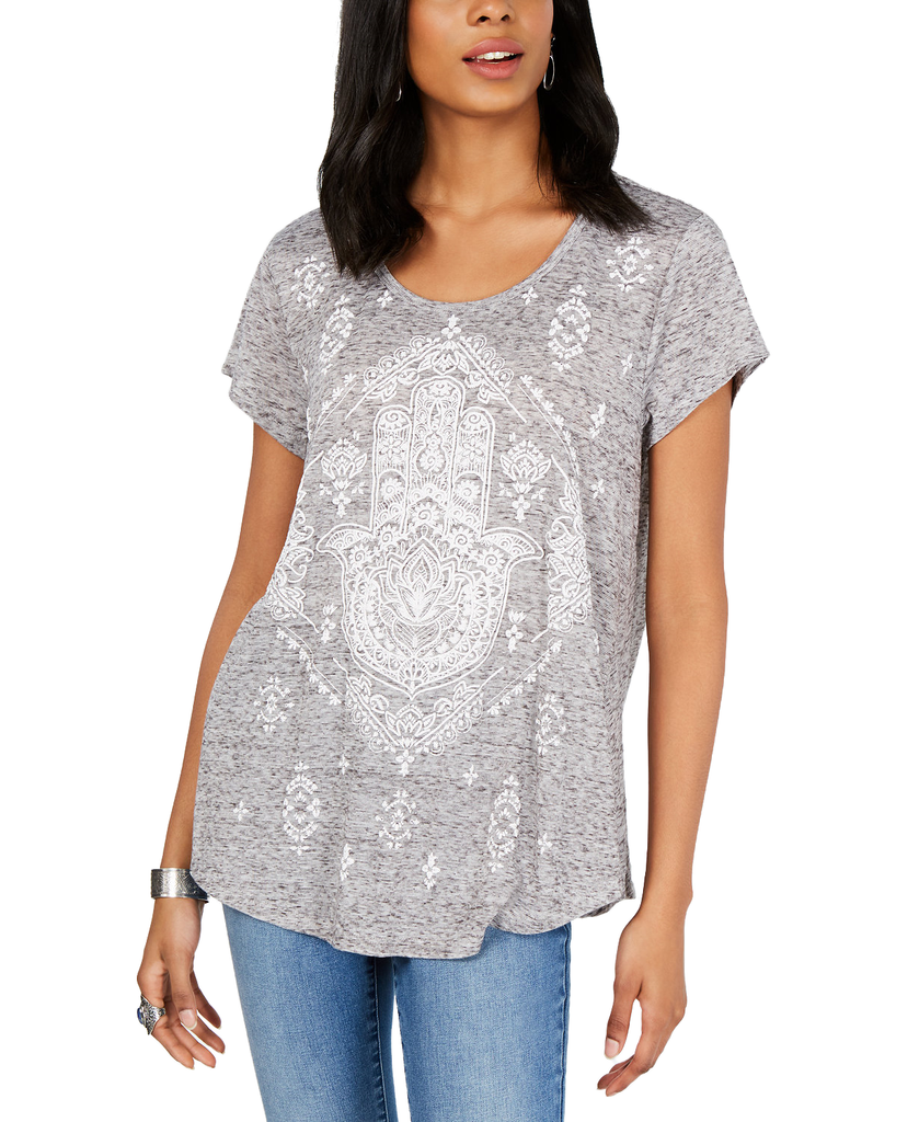 Style & Co Women Short Sleeve Printed Scoopneck Graphic T Shirt Structural Hamsa