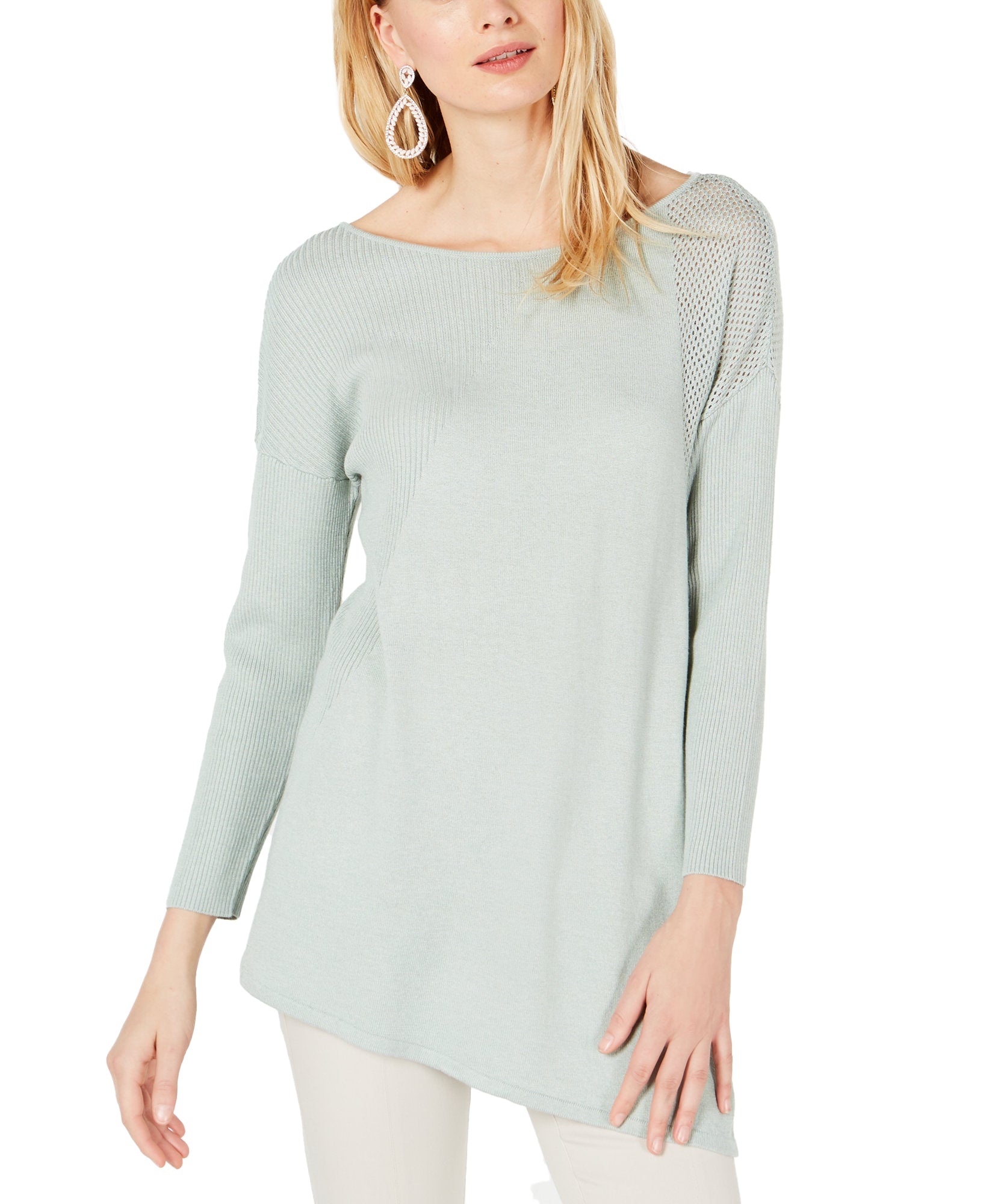 INC International Concepts Women Asymmetric Mixed Knit Sweater Green